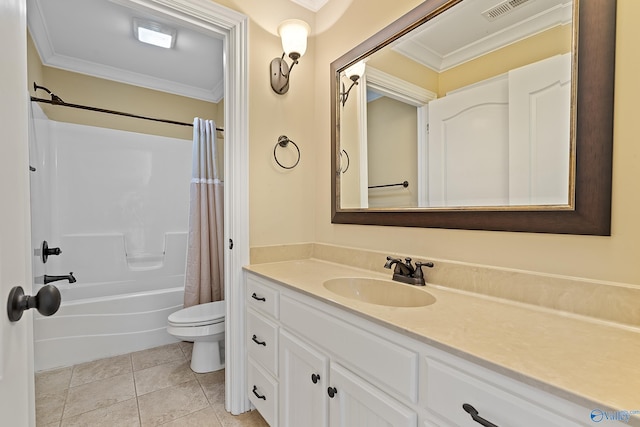 119 Railway Ln SE, Huntsville, AL 35803 - bathroom featuring ornamental molding, toilet, vanity, shower / bathtub combination with curtain, and tile patterned floors