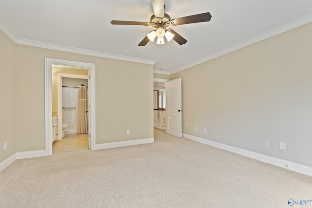 119 Railway Ln SE, Huntsville, AL 35803 - unfurnished bedroom featuring light carpet, ornamental molding, baseboards, ensuite bath, and a ceiling fan