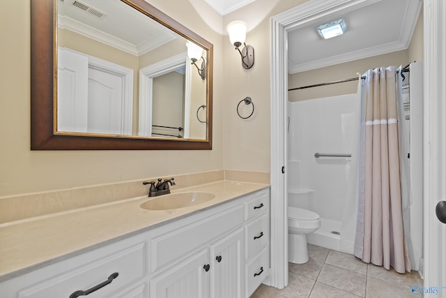 119 Railway Ln SE, Huntsville, AL 35803 - bathroom with ornamental molding, vanity, toilet, a stall shower, and tile patterned flooring