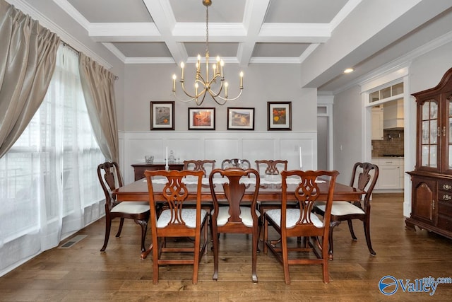 dining space with coffered ceiling, ornamental molding, dark wood-type flooring, and beam ceiling