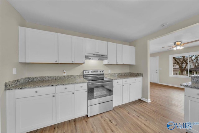 kitchen featuring light wood-style floors, stainless steel electric range, white cabinets, and under cabinet range hood