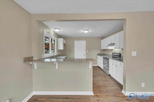 kitchen with light stone counters, under cabinet range hood, a peninsula, stainless steel electric stove, and a kitchen bar