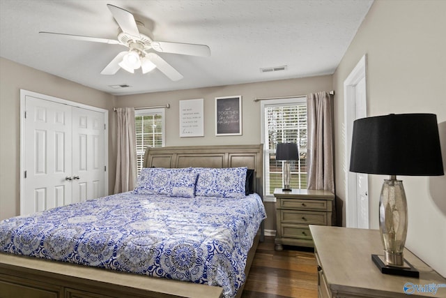 bedroom featuring dark wood-type flooring, multiple windows, ceiling fan, and a closet