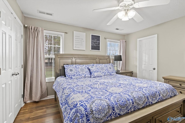 bedroom featuring dark wood-type flooring, ceiling fan, multiple windows, and a closet