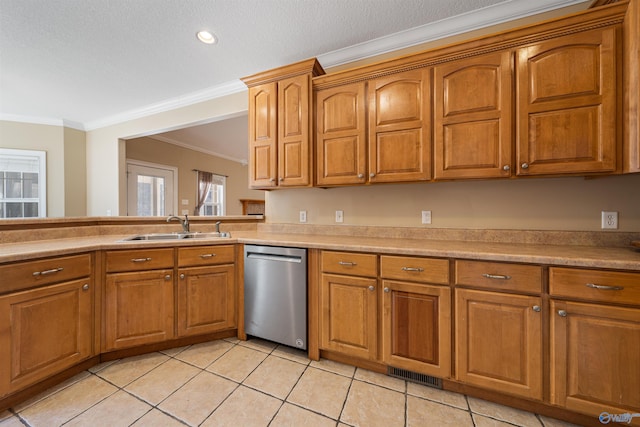 kitchen with sink, a textured ceiling, light tile patterned floors, ornamental molding, and dishwasher