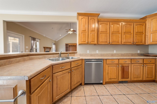 kitchen with sink, crown molding, light tile patterned floors, stainless steel dishwasher, and ceiling fan