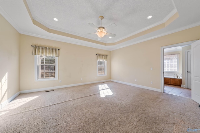 unfurnished room featuring a tray ceiling, light carpet, and a textured ceiling