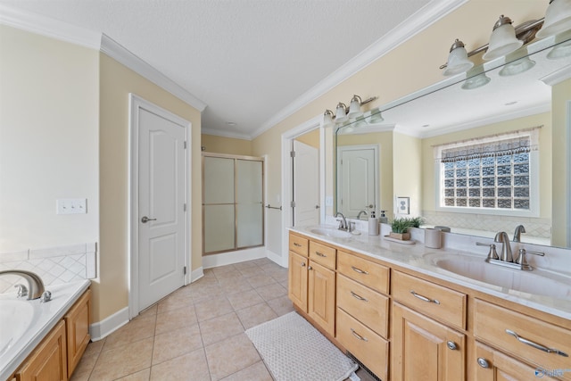 bathroom featuring tile patterned floors, a textured ceiling, ornamental molding, vanity, and plus walk in shower