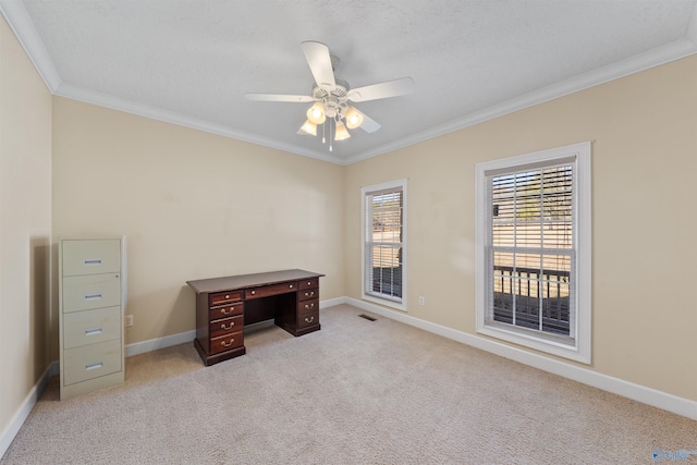 office with crown molding, light colored carpet, and ceiling fan