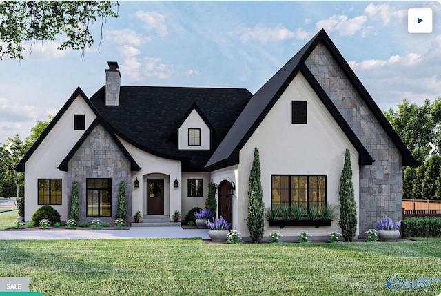 french country home with a front lawn