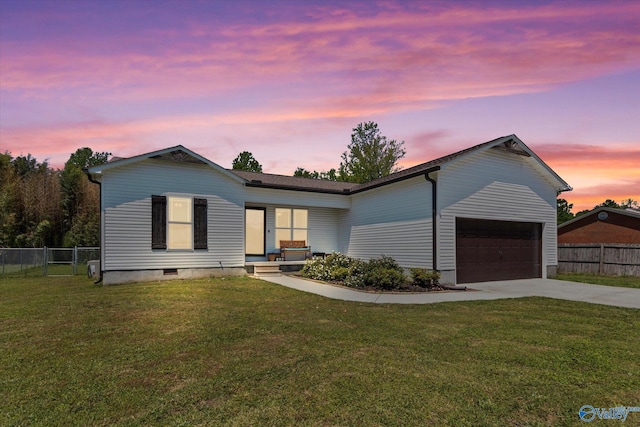 ranch-style home with concrete driveway, a porch, fence, and a front yard