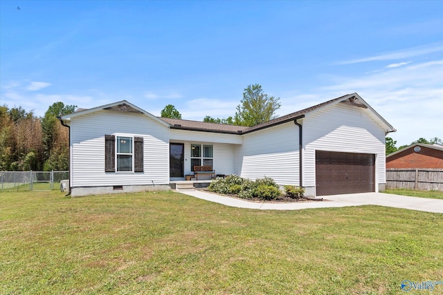 ranch-style house with a front lawn, fence, crawl space, an attached garage, and driveway