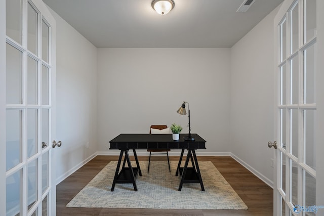 418 Tracer St, Huntsville, AL 35811 - office with french doors, dark wood-style floors, and baseboards