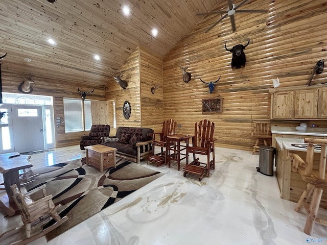 living room featuring wood ceiling, high vaulted ceiling, and rustic walls