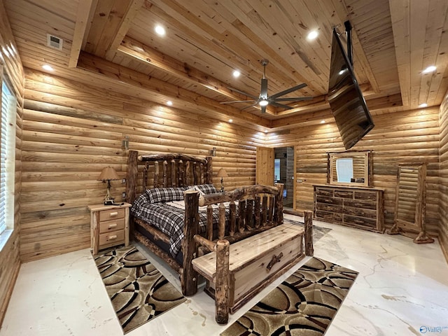 bedroom featuring log walls and wooden ceiling