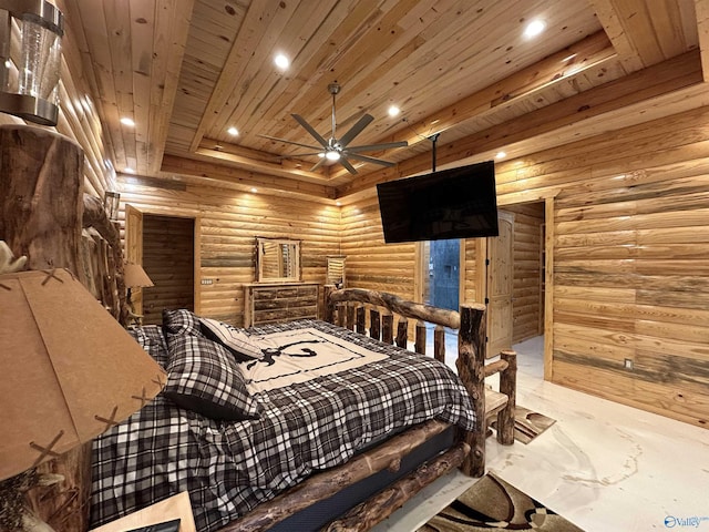 bedroom with a raised ceiling, wooden ceiling, and rustic walls