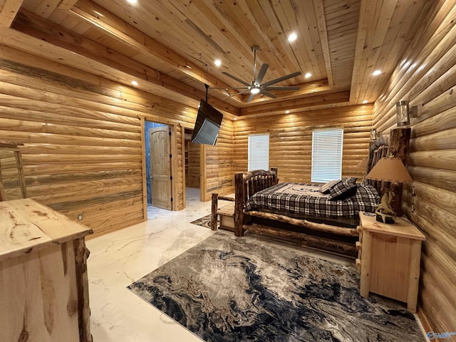 bedroom featuring wooden ceiling, a raised ceiling, and rustic walls