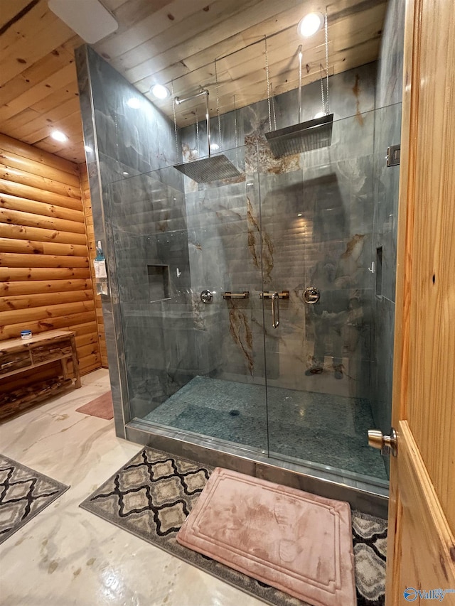 bathroom featuring log walls and walk in shower