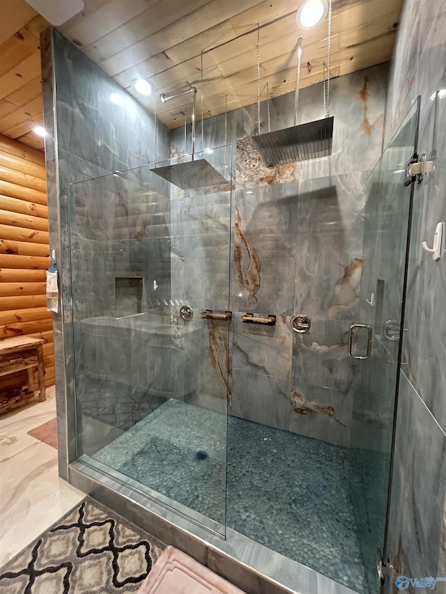 bathroom with an enclosed shower, log walls, and wood ceiling