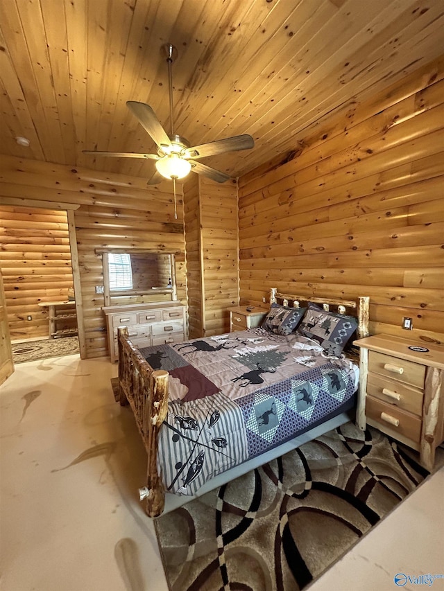 bedroom with ceiling fan, rustic walls, and wood ceiling