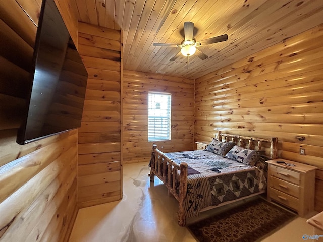 bedroom with log walls, wooden ceiling, and ceiling fan