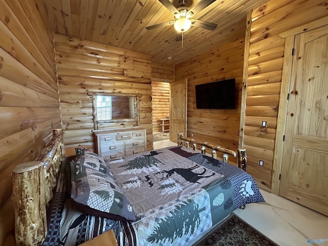 bedroom with ceiling fan, log walls, and wooden ceiling