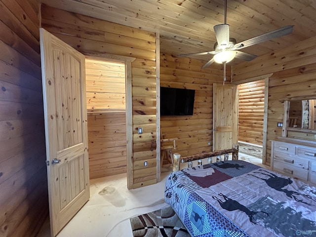 bedroom featuring ceiling fan, wooden ceiling, and rustic walls