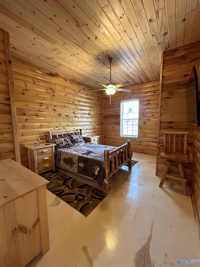 bedroom featuring wood ceiling, ceiling fan, and log walls