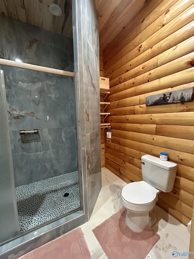 bathroom featuring an enclosed shower, rustic walls, wood ceiling, and toilet