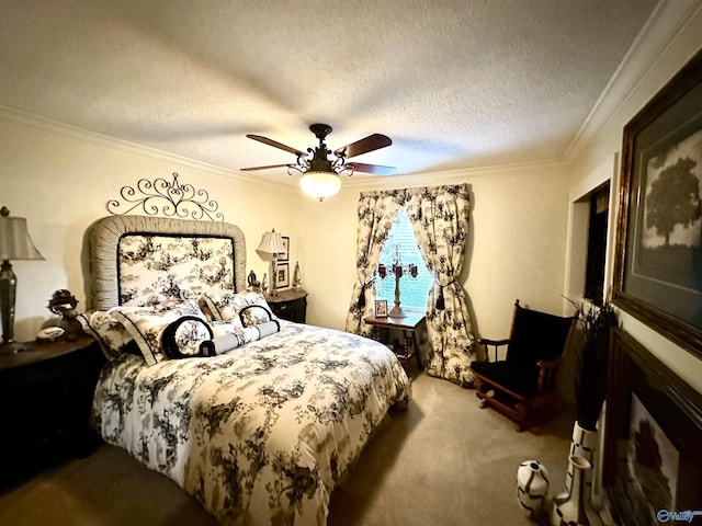 carpeted bedroom with ornamental molding, ceiling fan, and a textured ceiling