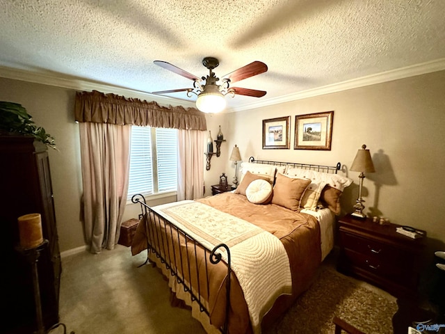 bedroom with carpet floors, ornamental molding, and a textured ceiling