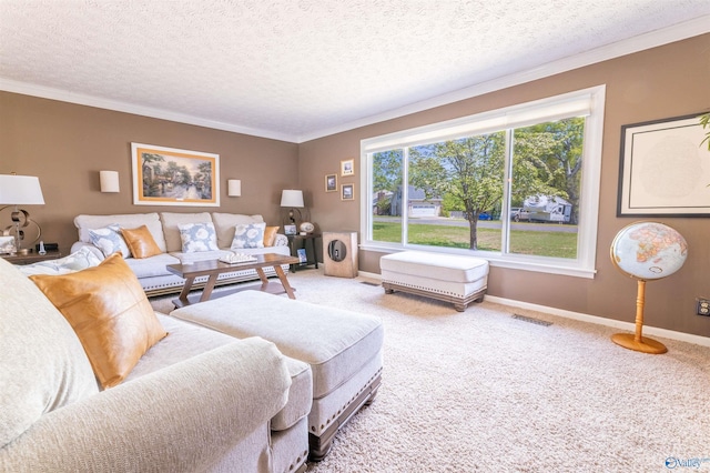 carpeted living room with crown molding, baseboards, a textured ceiling, and visible vents