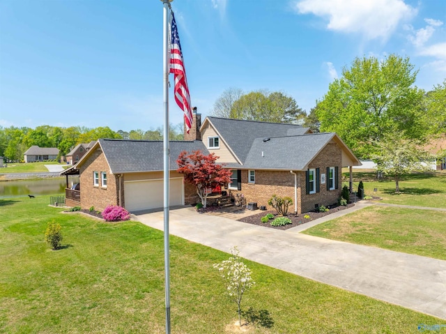 view of front of property with roof with shingles, brick siding, a garage, a front yard, and driveway