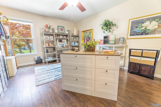 interior space with a ceiling fan, baseboards, dark wood finished floors, and visible vents