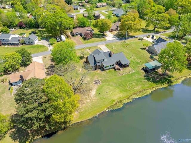aerial view featuring a residential view and a water view