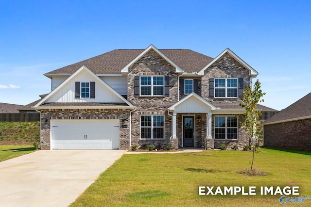 craftsman-style home featuring brick siding, driveway, a front lawn, and roof with shingles