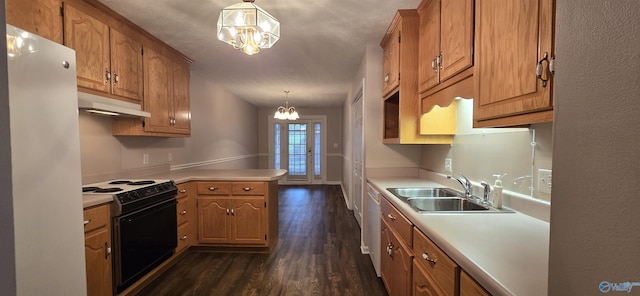 113 Sycamore Pl, Athens, AL 35611 - kitchen featuring white appliances, a sink, under cabinet range hood, a chandelier, and a peninsula