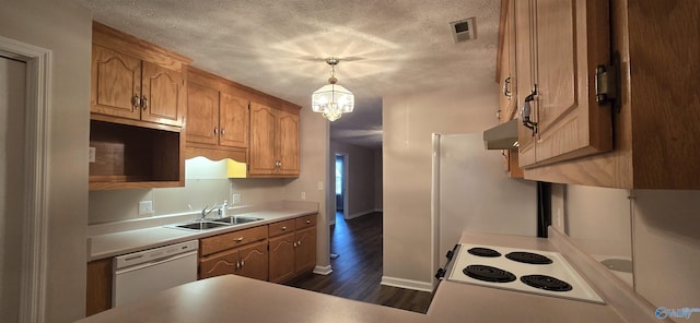113 Sycamore Pl, Athens, AL 35611 - kitchen featuring a sink, white appliances, under cabinet range hood, a textured ceiling, and dark wood-type flooring