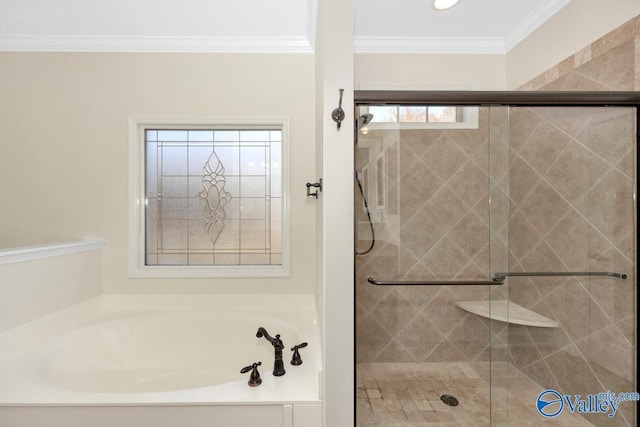 full bathroom with a garden tub, ornamental molding, and a shower stall