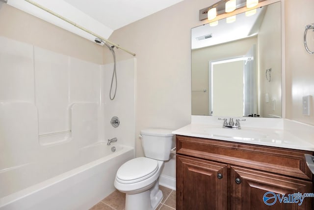 bathroom featuring tile patterned flooring, toilet, vanity, visible vents, and  shower combination