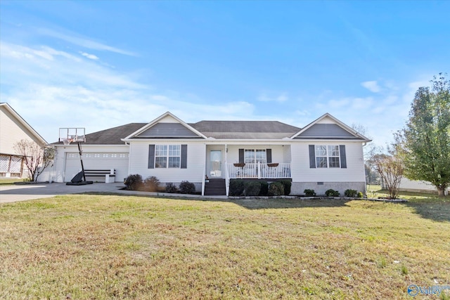 single story home featuring a front yard, a porch, and a garage