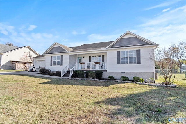 single story home featuring a garage, covered porch, and a front lawn