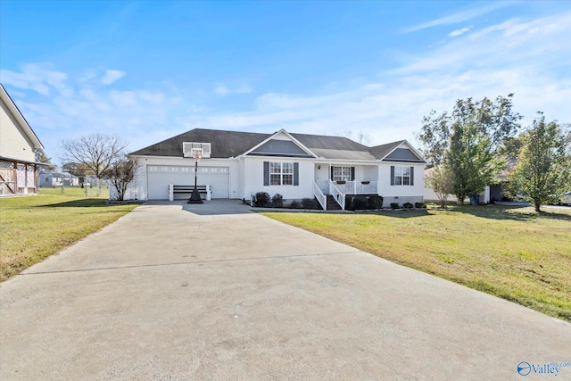 single story home with a front lawn and a garage