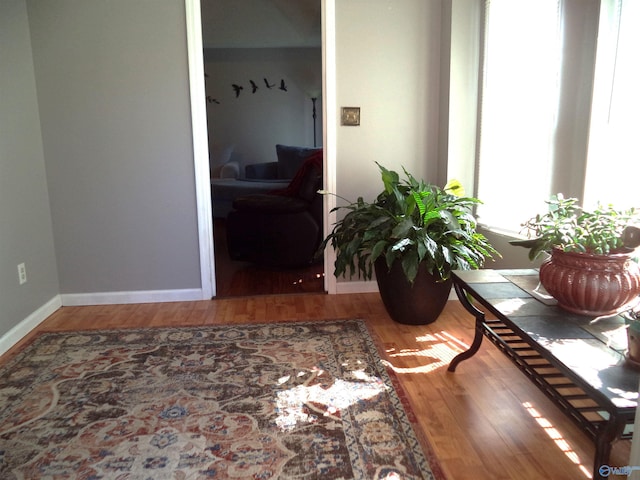 hall featuring wood finished floors and baseboards