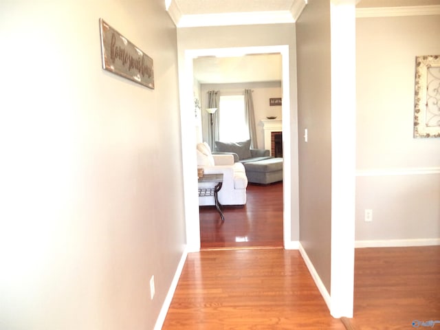 hall featuring crown molding, baseboards, and wood finished floors