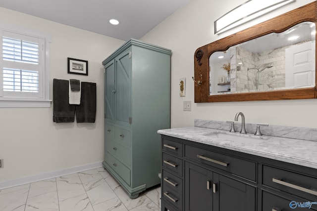 bathroom featuring marble finish floor, recessed lighting, vanity, and baseboards