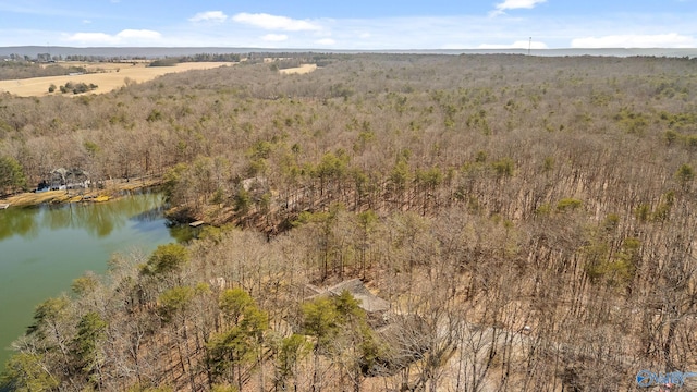 birds eye view of property featuring a water view and a wooded view