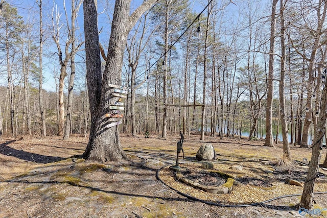 view of yard with a water view and a forest view