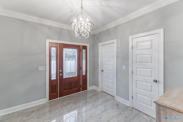 foyer entrance with crown molding and an inviting chandelier