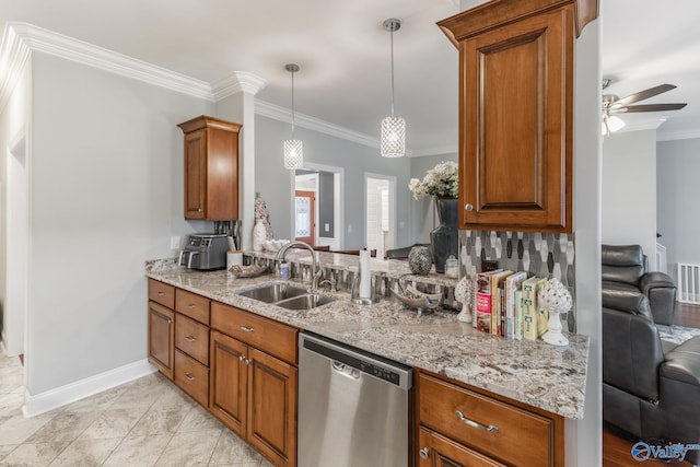 kitchen featuring stainless steel dishwasher, ornamental molding, ceiling fan, sink, and hanging light fixtures